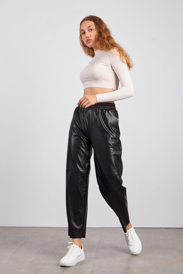 Elastic Waist Knee Seam Faux Leather Trousers