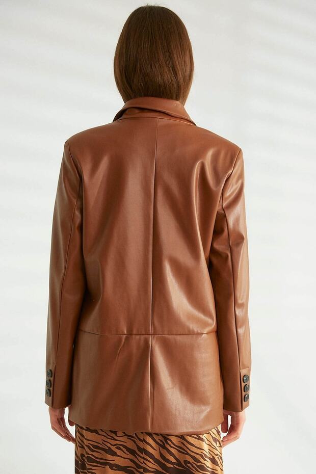 Cep Detaylı Deri Ceket Taba - 5