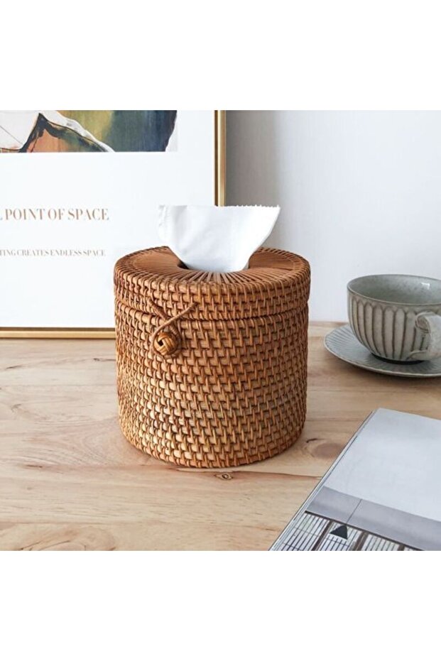 Round Rattan Bamboo Decorative Napkin Holder Organizer