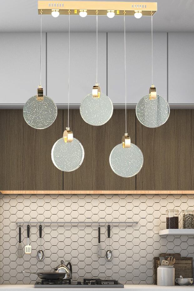 Modern Sarkıt Power Led Avize Beşli Sıralı Camlı Gold Sarı - 1