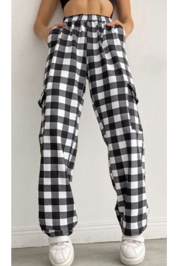 Unisex Black and White Plaid Trousers with Elastic Waist Cargo Pocket Detail