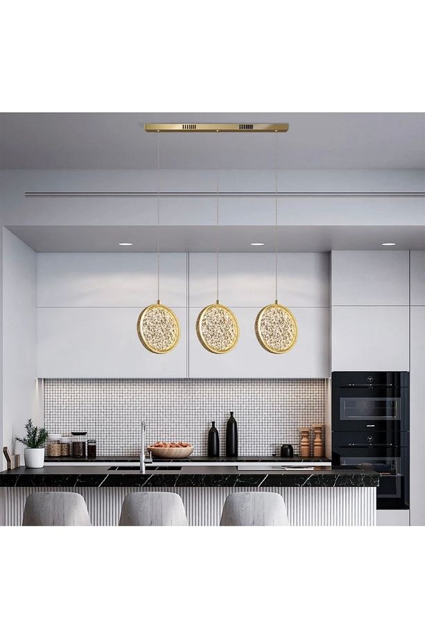 Üçlü Sarkıt Led Avize Sıralı Yemek Masası Gold Sarı Ledli Avize - 2