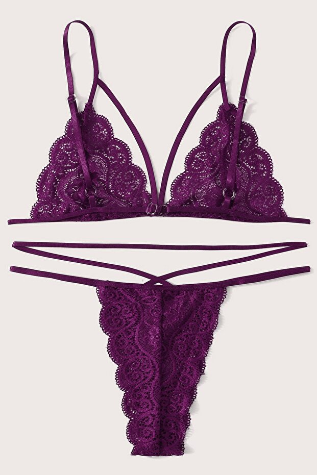 Kadın Mor Dantel Sütyen Külot Takımı - 2