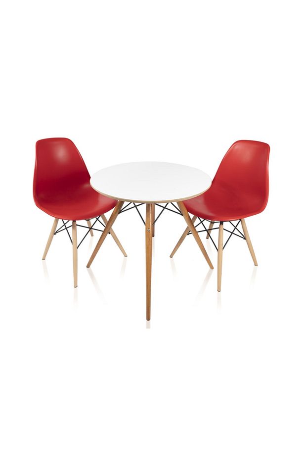 Yuvarlak Ahşap Ayaklı Ahşap Masa Ve 2 Adet Kırmızı Eames Sandalye Seti Mutfak-balkon-bahçe Takımı - 1