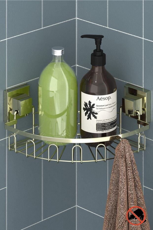 Delme Vida Matkap Yok! Easyfıx Yapışkanlı Tek Katlı Askılı Banyo Köşe Rafı Altın Ef255 - 1