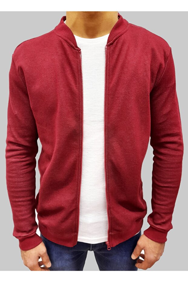 Men's Claret Red Cotton Zippered Pocket Knitted Comfortable Fit Cardigan F71569