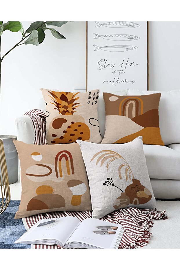 4-Piece Double Sided Colorful Backgrounded Onedraw Drawing Leaf Patterned Modern Raschel Knitted Throw Pillow Cover Set