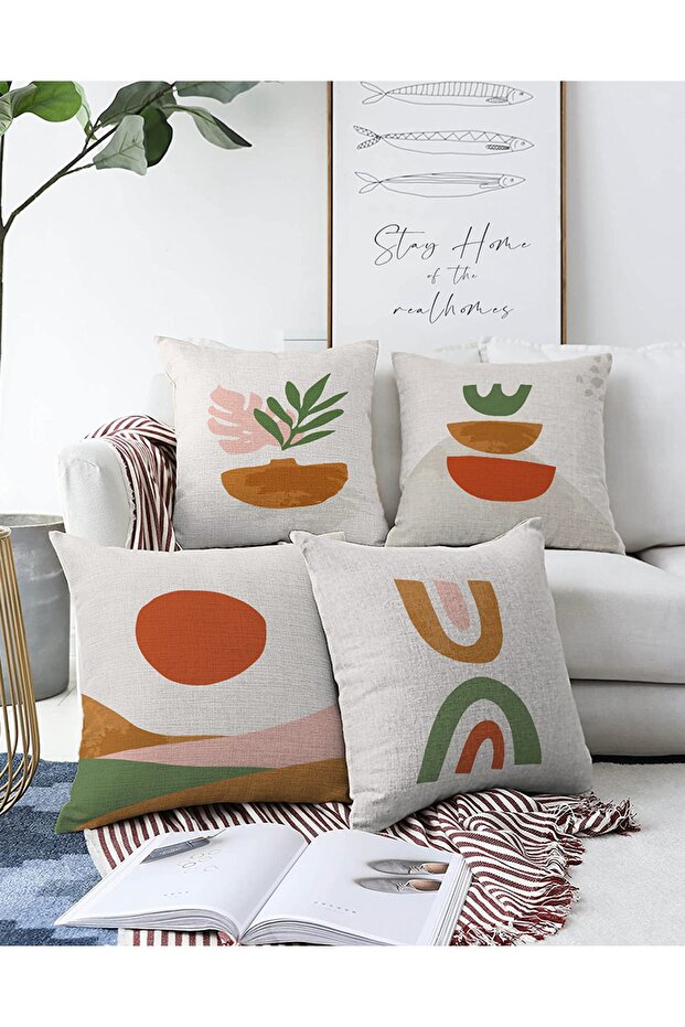 4-Piece Double Sided Modern Raschel Knitted Pillow Throw Pillow Cover Set with Onedraw Drawing on White Background