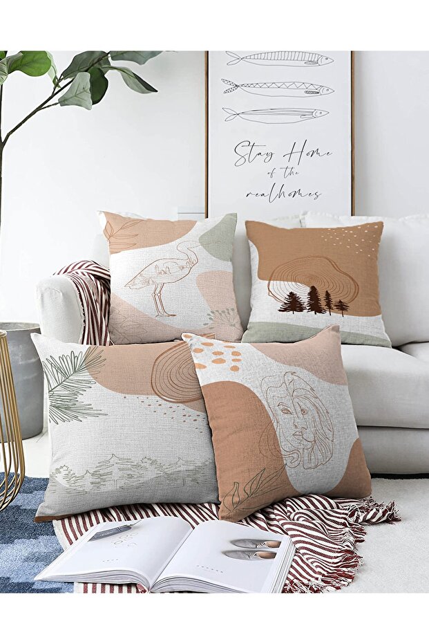 4-Piece Double Sided Colorful Onedraw Drawing On Background Modern Raschel Knitted Pillow Throw Pillow Cover Set