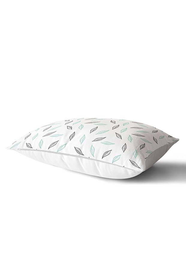 White Themed Leaf Patterned Digital Printed Modern Rectangular Pillow Case - 2