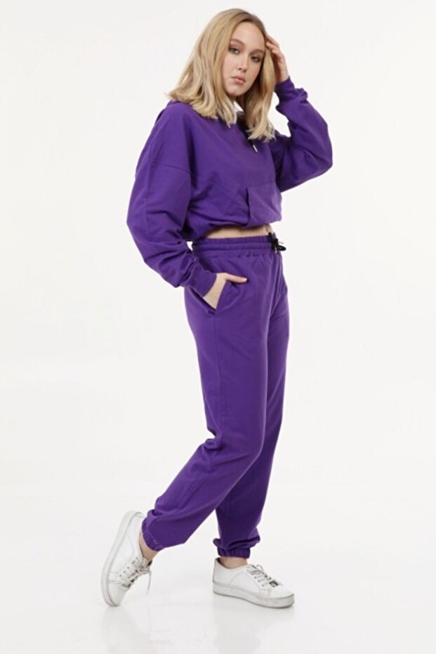 Crop Model Kapşonlu Mor Takım - 5