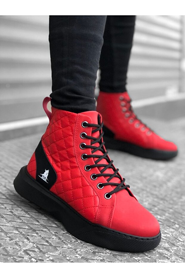 BA0159 Bağcıklı Kırmızı Kapitone Erkek Yüksek Taban Spor Bot - 1