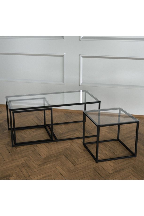 Twins İç İçe Geçmiş Sehpa Siyah Ayak Şeffaf Cam Tabla - 4