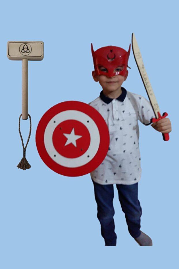 Set of 4 Wooden Toys - Turkey Mask, Shield, Sword and Thor Hammer