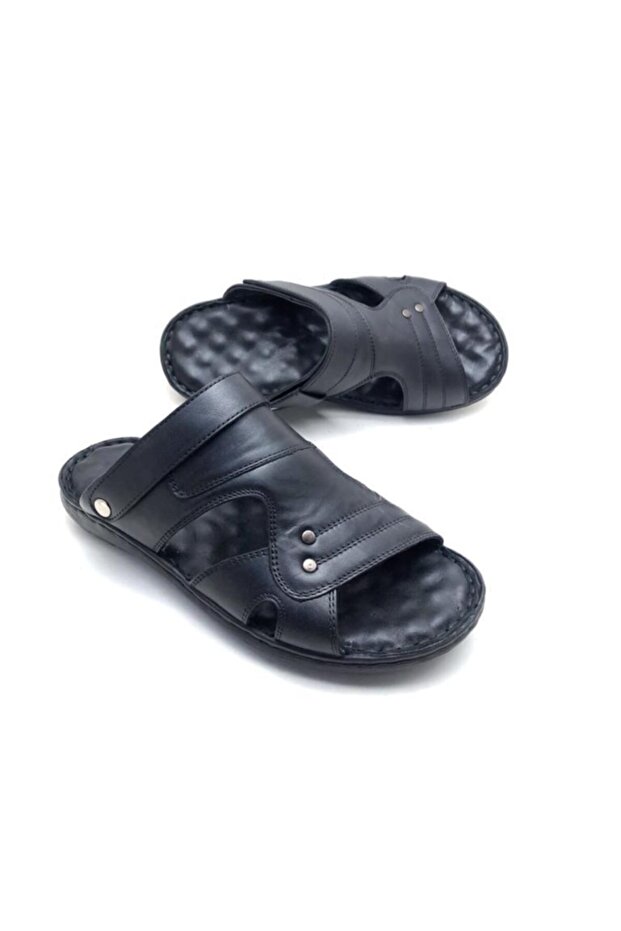 Men's Black Leather Orthopedic Massage Slippers