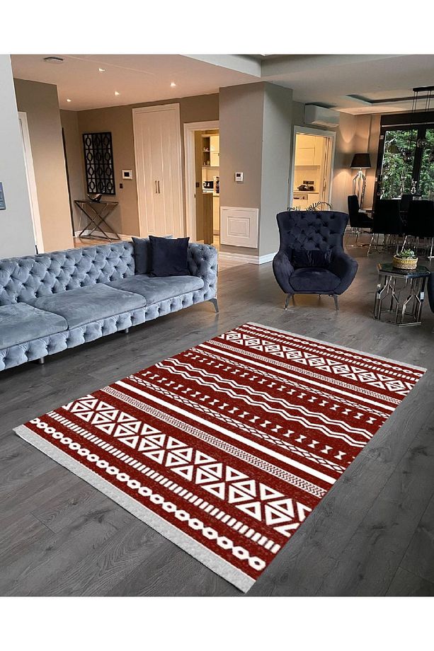 Decoser 2038 Kiremit Tarçın Rengi Iskandinav Desen Pamuk Tabanlı Kaymaz Yıkanabilir Halı Kilim - 1