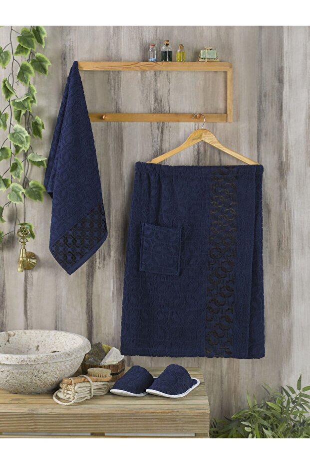 Men's Navy Blue Bath Head Towel Sauna Set