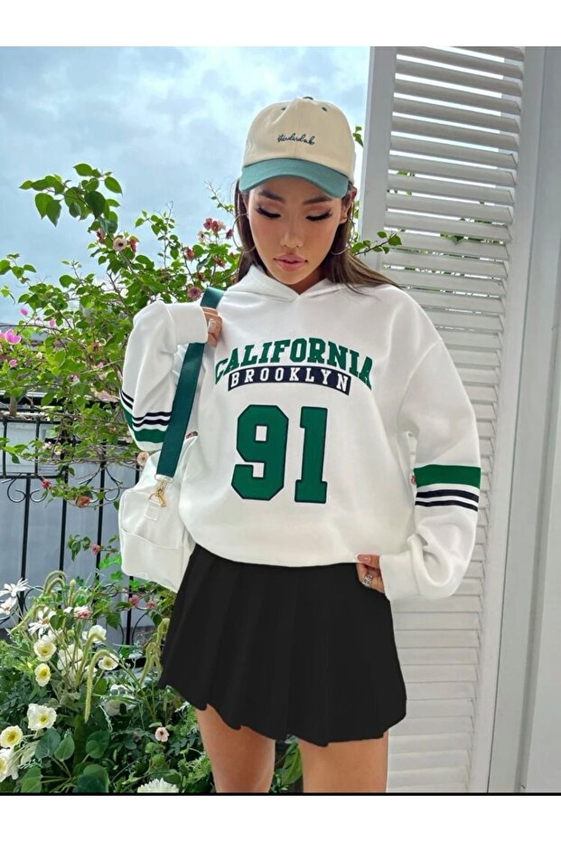 California 91 White Sleeve Printed Hooded Oversize Sweatshirt