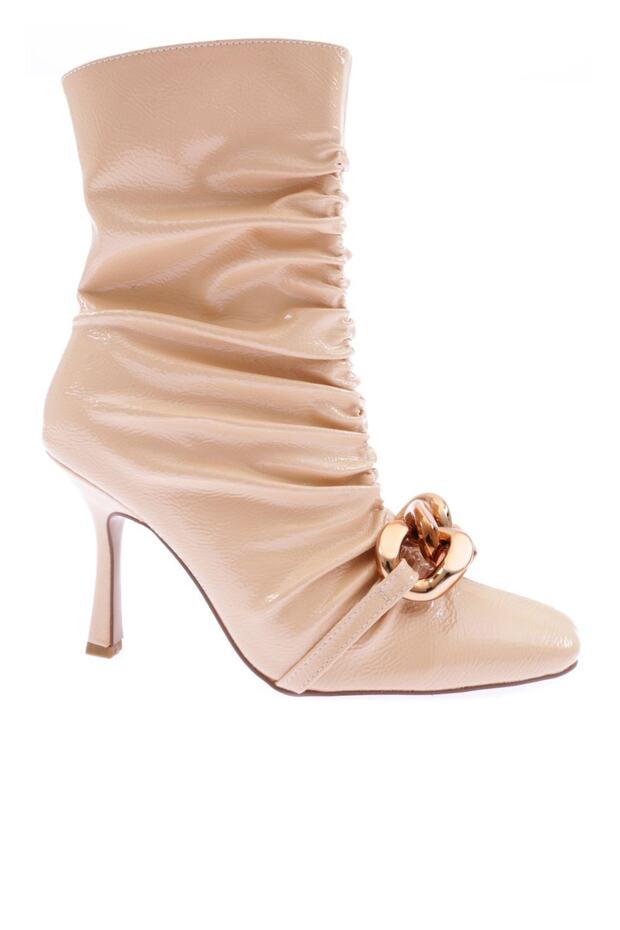 Women's Blunt Toe Gathered Metal Buckle Thin Heeled Boots Nude Wrinkled Patent Leather