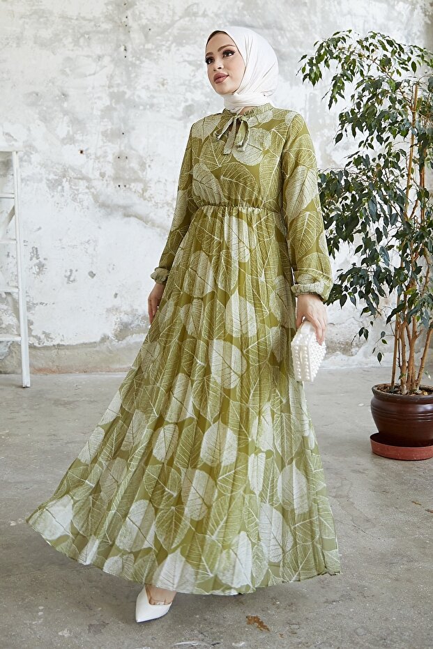 Polina Leaf Pattern Chiffon Hijab Dress - Oil Green