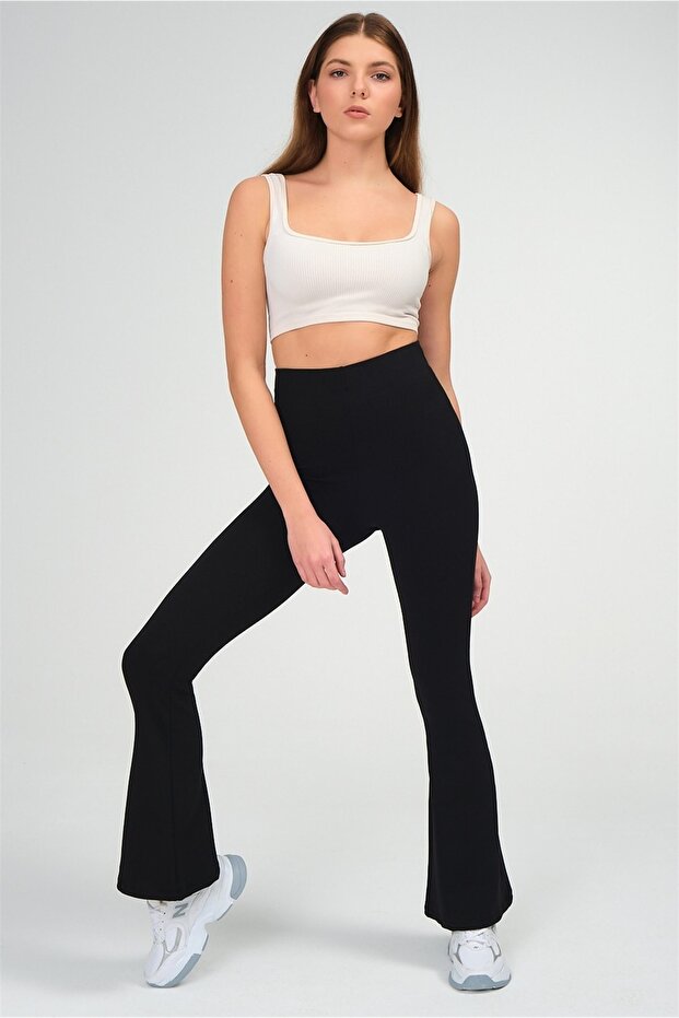 Women's Black Spanish Leg Ribbed High Waist Leggings