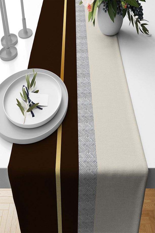 Kahverengi Tay Tüyü Dokuma Premium Leke Tutmaz Kumaş Masa Örtüsü Runner 40x140cm Rnr483 - 1