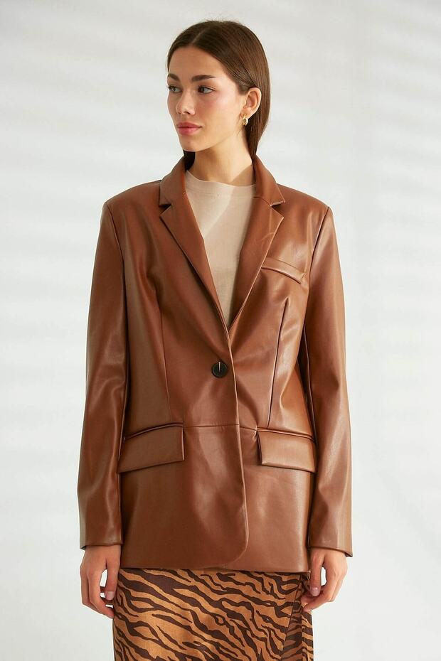 Cep Detaylı Deri Ceket Taba - 1