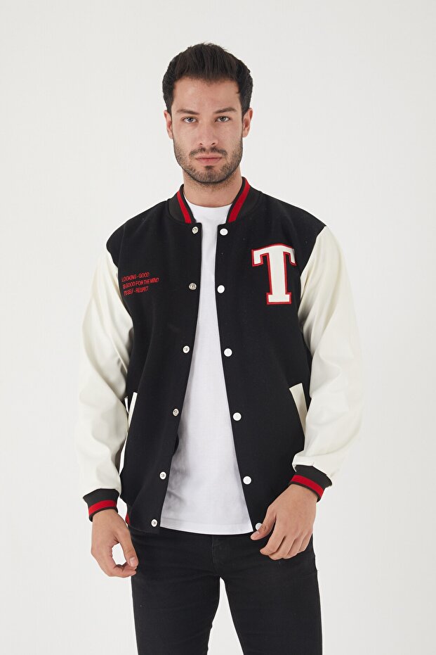 Men's Black and White Comfortable Cut College Coat