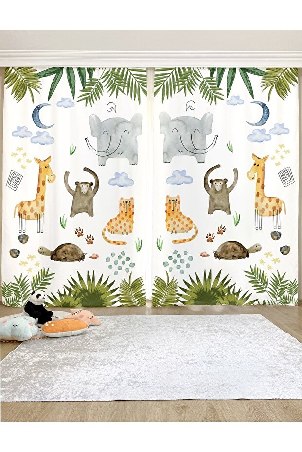 Green Cute Safari Patterned Children's & Baby's Room Background Curtain (single wing pricing)