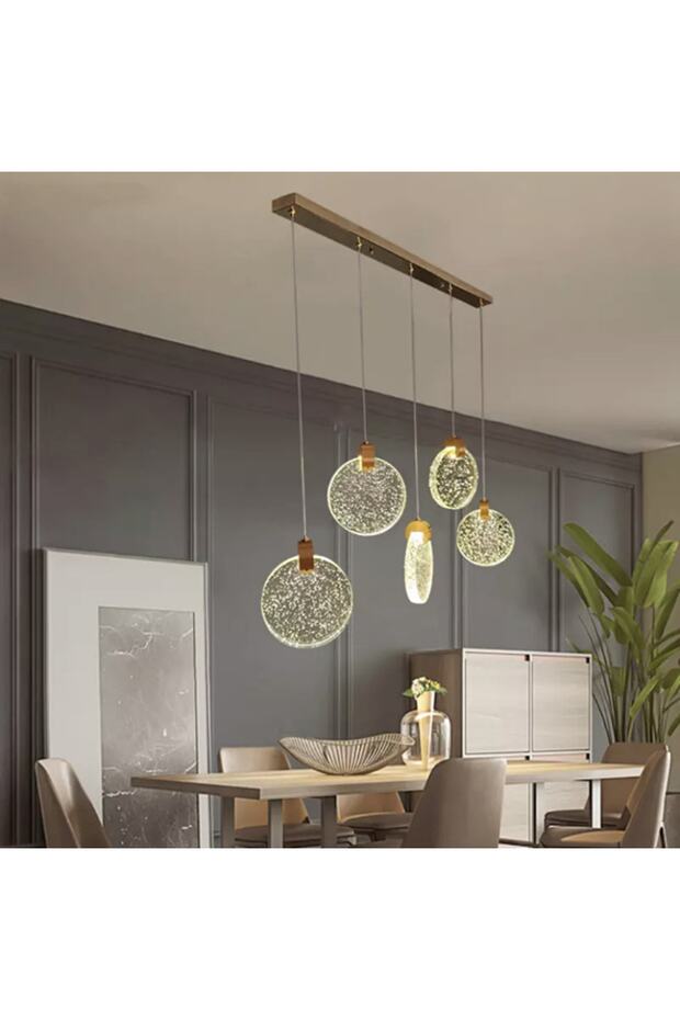 Modern Sarkıt Power Led Avize Beşli Sıralı Camlı Gold Sarı - 2