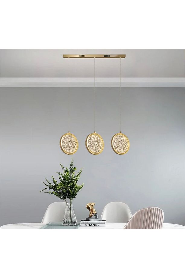 Üçlü Sarkıt Led Avize Sıralı Yemek Masası Gold Sarı Ledli Avize - 1