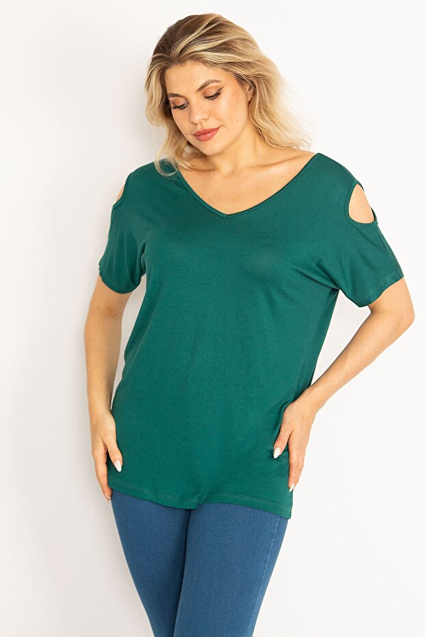 Women's Large Size Green Shoulder Low-cut Viscose Blouse 65n31706