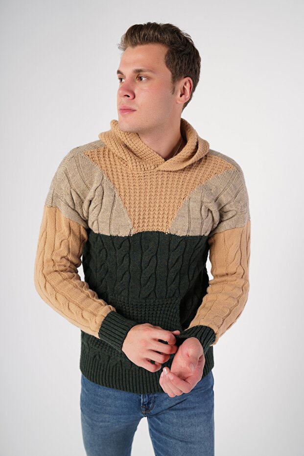 Khaki Men's Hooded Kangaroo Pocket Wool Sweater Trıst-5293