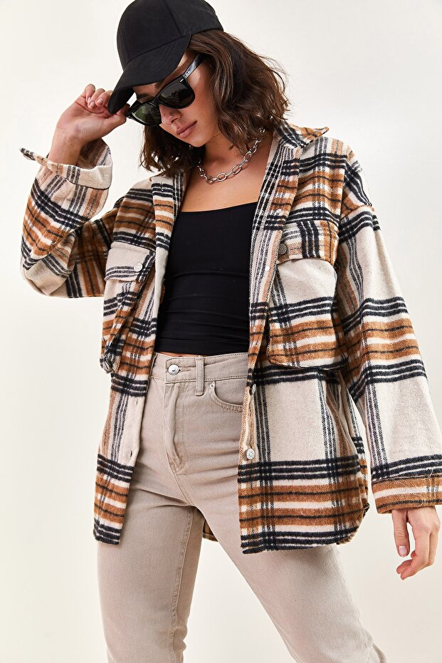 Women's Camel Gusseted Pocket Plaid Shirt 4594