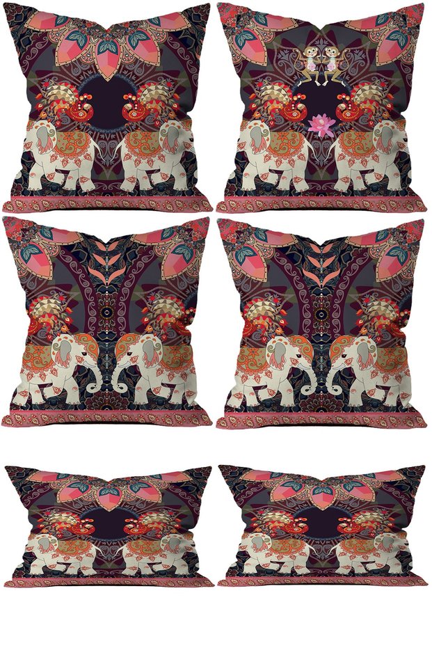 Ethnic Elephant Motif 6-Piece Throw Pillow Cover 4 Pieces 43x43cm and 2 Pieces 30x50 Cm Throw Pillow Cover Set