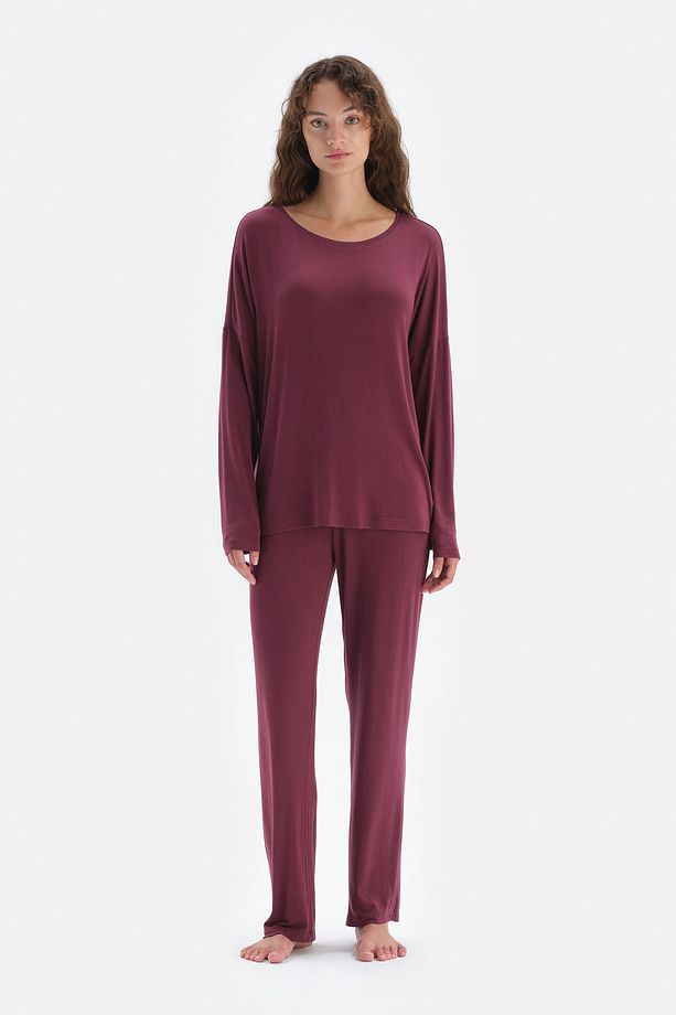 Bordo Kayık Yaka Uzun Kol Örme Pijama Takım - 1