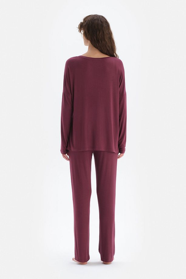 Bordo Kayık Yaka Uzun Kol Örme Pijama Takım - 2