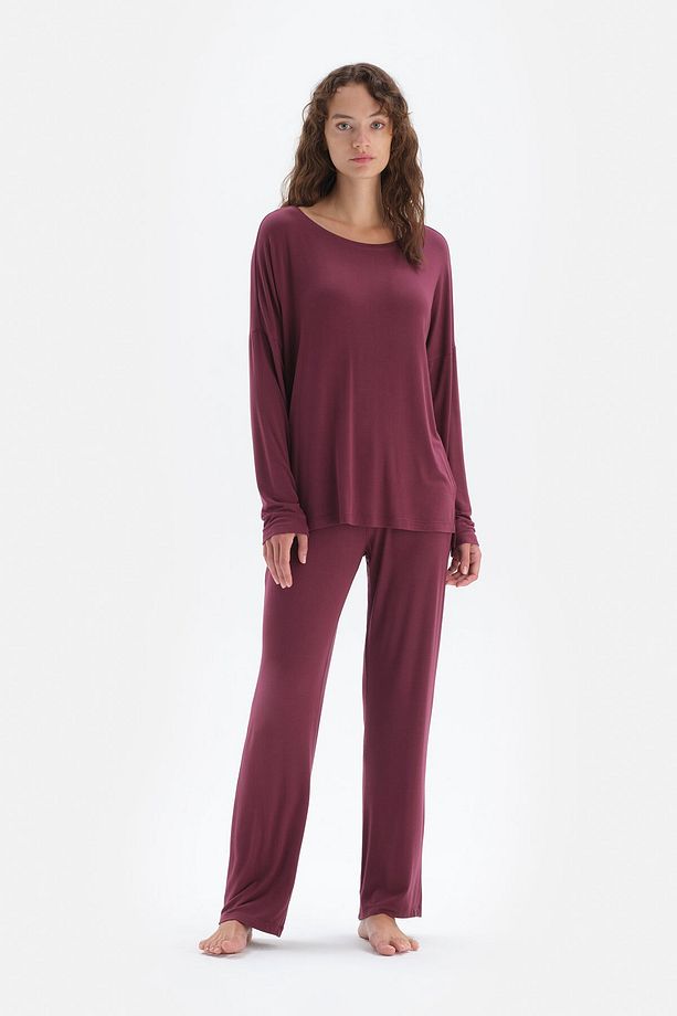 Bordo Kayık Yaka Uzun Kol Örme Pijama Takım - 5