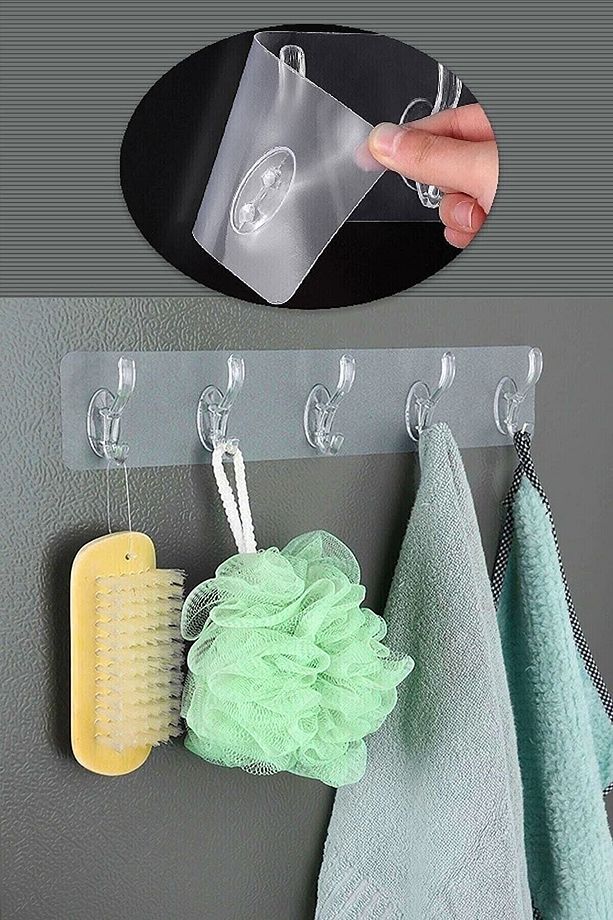 Elbise Askısı Silikonlu 5'li Şeffaf Güçlü Kendinden Yapışkanlı Askılık Kapı Duvar Banyo Askısı - 1