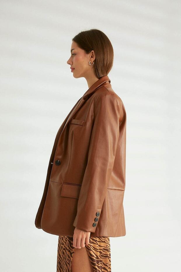 Cep Detaylı Deri Ceket Taba - 2