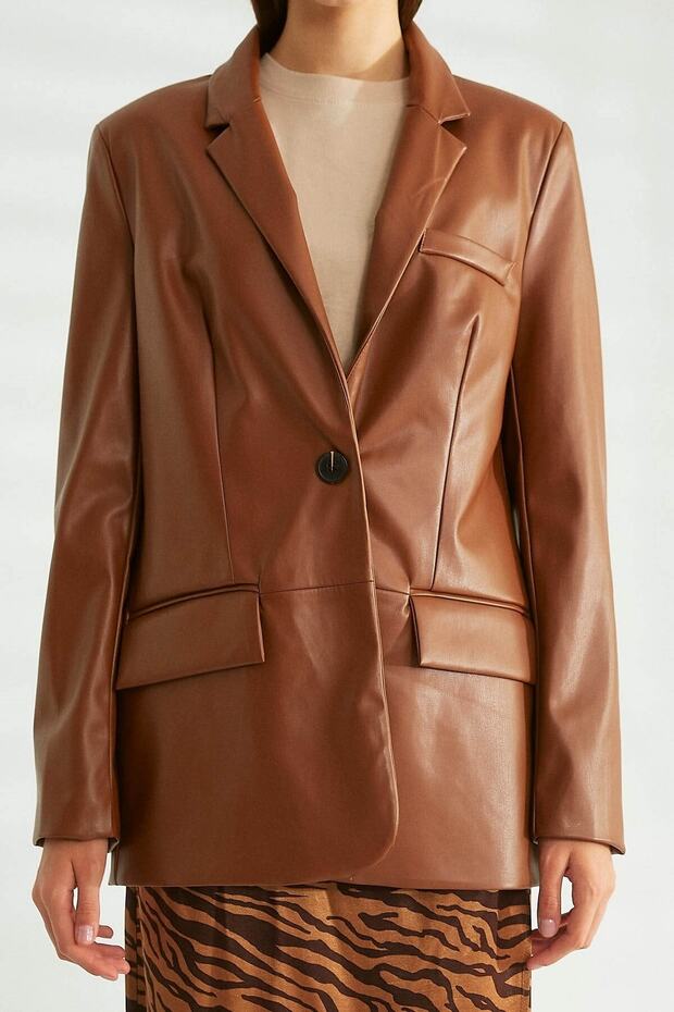 Cep Detaylı Deri Ceket Taba - 4