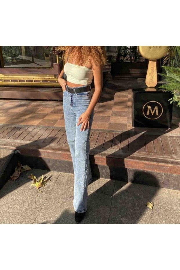 Lyotard Blue Snow Wash Lycra High Waist Wide Leg Jeans