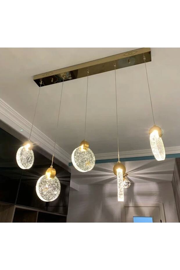 Modern Sarkıt Power Led Avize Beşli Sıralı Camlı Gold Sarı - 3
