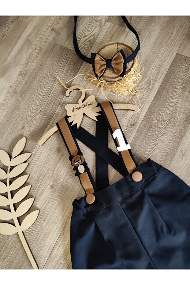 Handmade Teddy Bear Concept Navy Blue Boy's Pants Salopet 1 Year Old Birthday Outfit