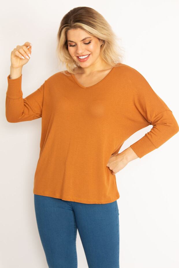 Women's Large Size Tan Bat Sleeve V-Neck Viscose Blouse 65n29662