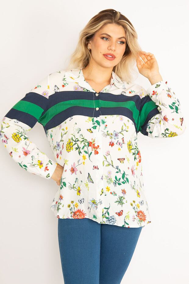 Women's Large Size Patterned Front Buttoned Woven Viscose Patterned Blouse 65n29107