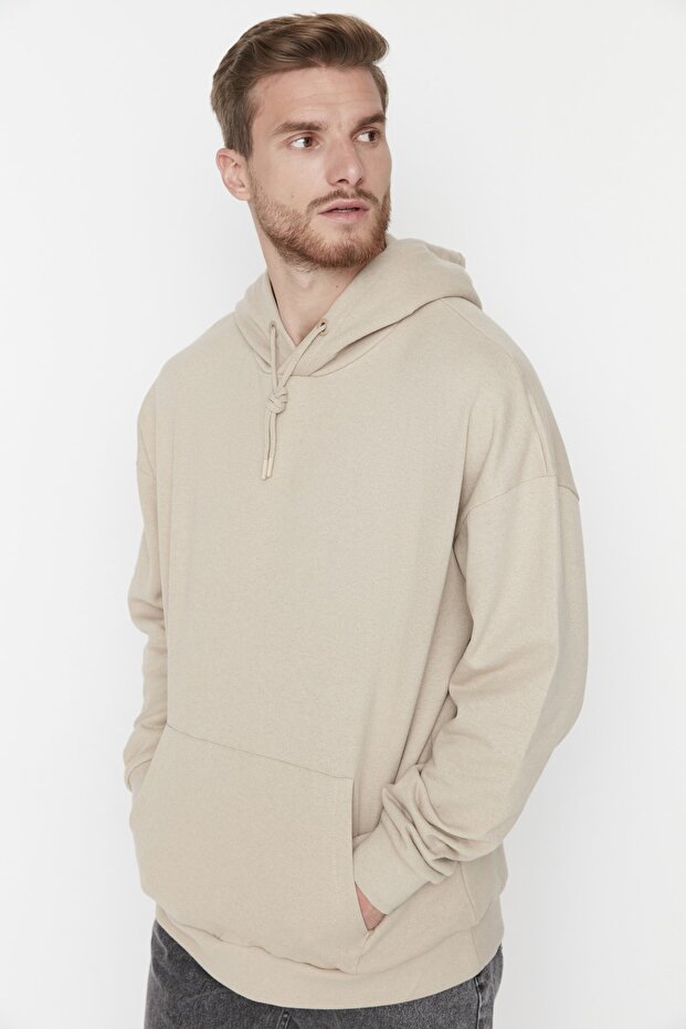 Bej Oversize/Geniş Kesim Kapüşonlu İçi Polar/Sıcak Tutan Sweatshirt TMNAW23SW00195 - 1