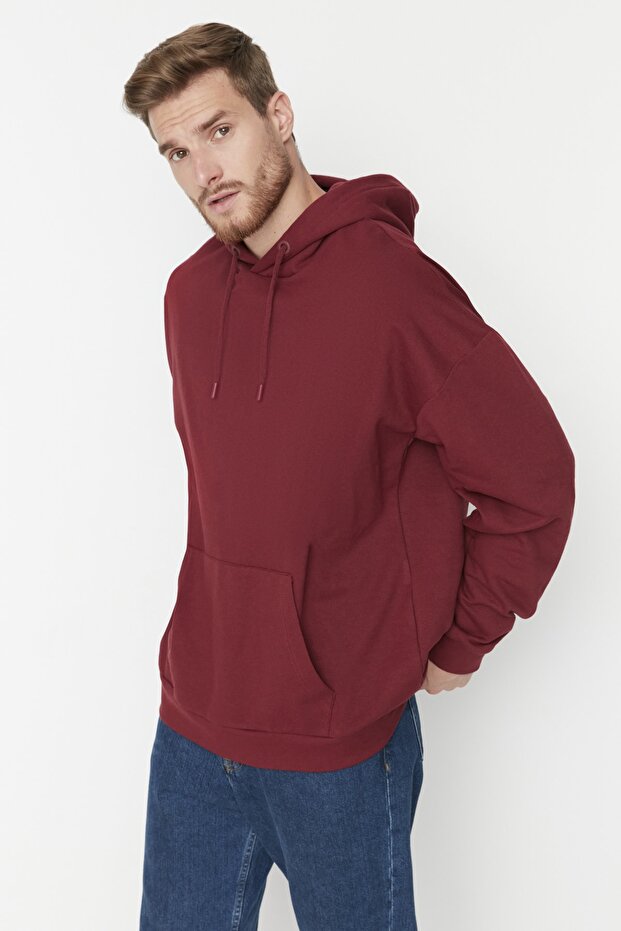 Bordo Oversize/Geniş Kesim Kapüşonlu İçi Polar/Sıcak Tutan Sweatshirt TMNAW23SW00195 - 2