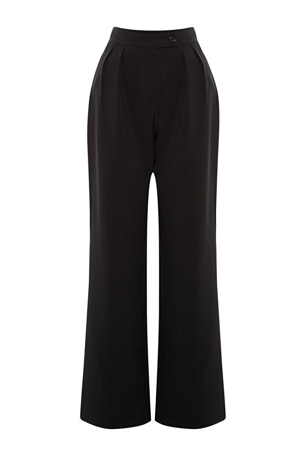Siyah Wide Leg/Geniş Paça Yüksek Bel Dokuma Kumaş Pantolon TWOAW22PL0066 - 5