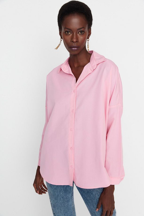 Pembe Pamuklu Oversize Geniş Kalıp Dokuma Gömlek TWOSS22GO0669 - 1